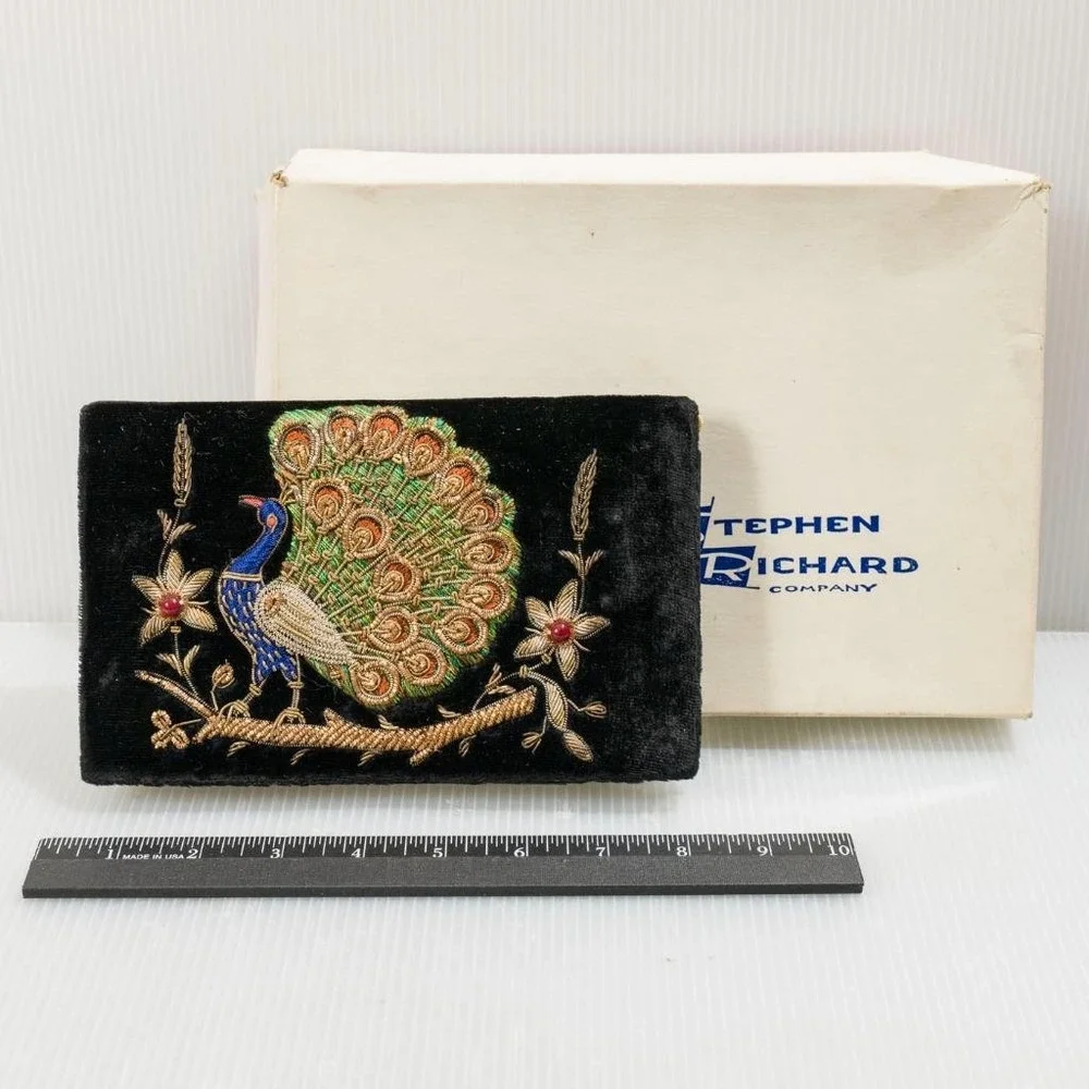 Vintage Stephen Richard Peacock Clutch Purse 1950s Black Velvet Embroidered Bag